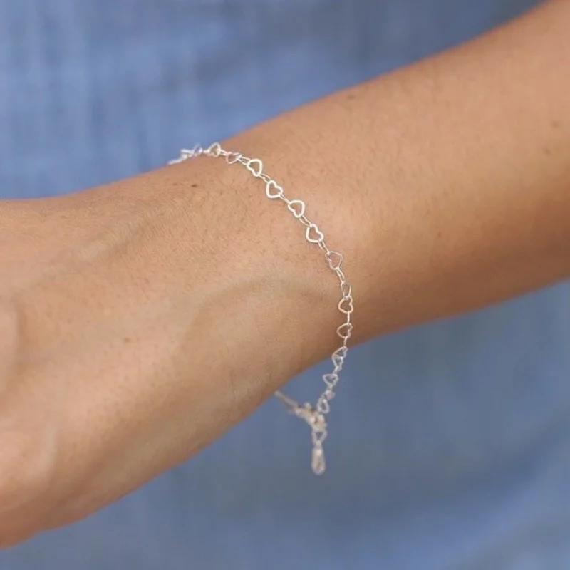 Corrente Feminina Prata 925 Conjunto Colar e Pulseira Coração Fúcsia