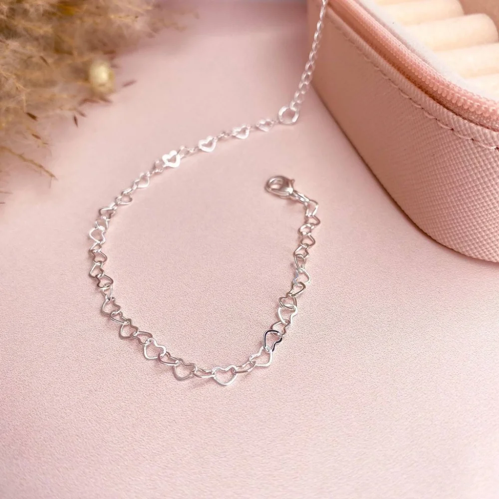 Corrente Feminina Prata 925 Conjunto Colar e Pulseira Coração Fúcsia