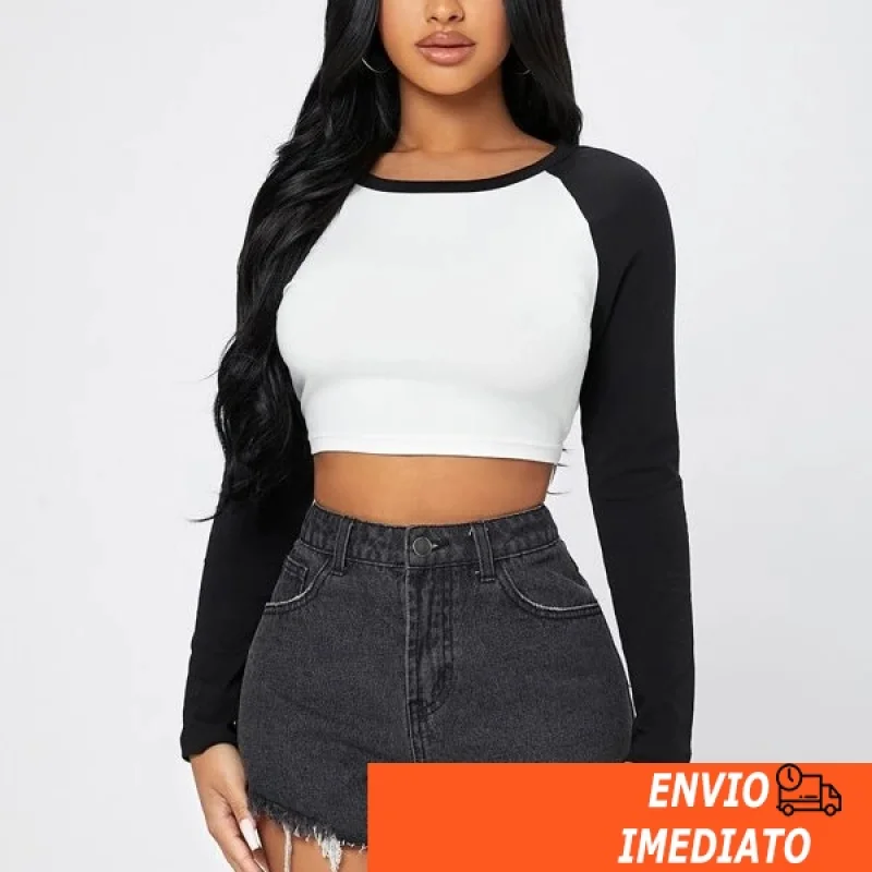 Blusa Cropped Manga Longa Raglan - Moda Feminina BRANCO/PRETO
