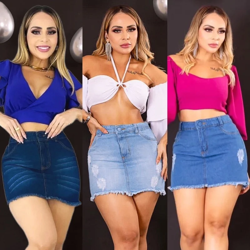 Destroyed Saia Jeans Feminina Cintura Alta Saia média