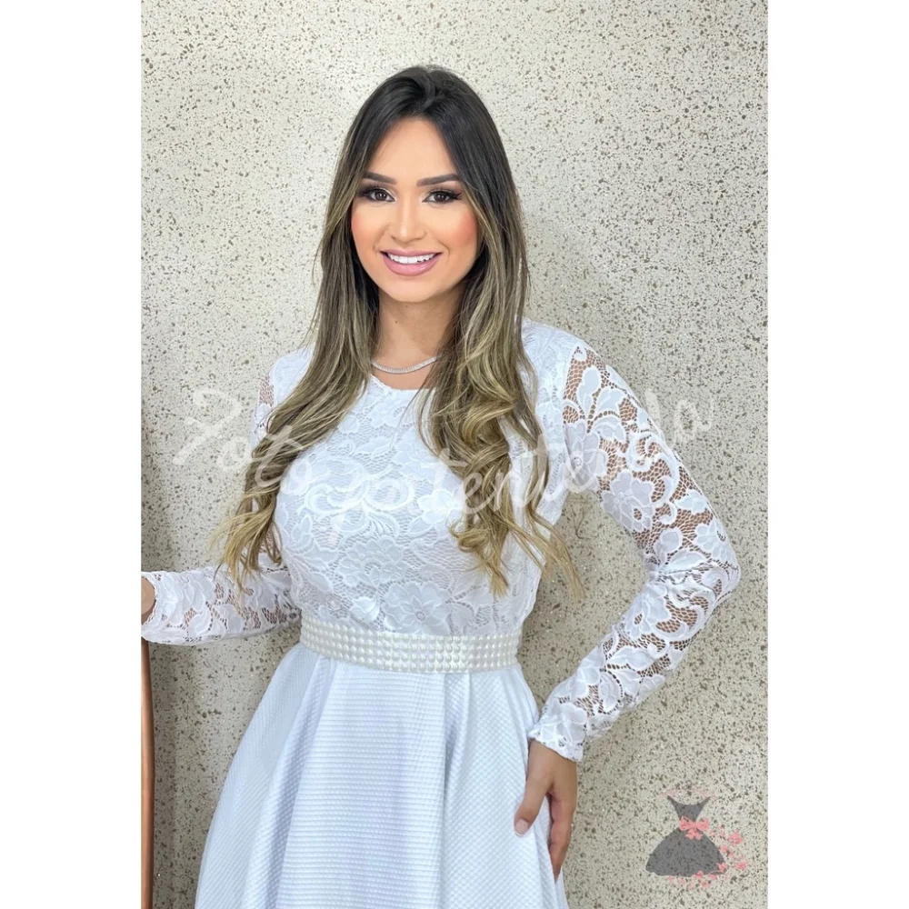 Vestido Branco Manga Longa Renda Rodado Noiva Chá de Bebê Branco