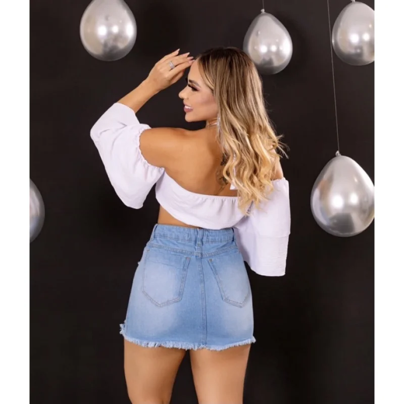 Destroyed Saia Jeans Feminina Cintura Alta Saia média