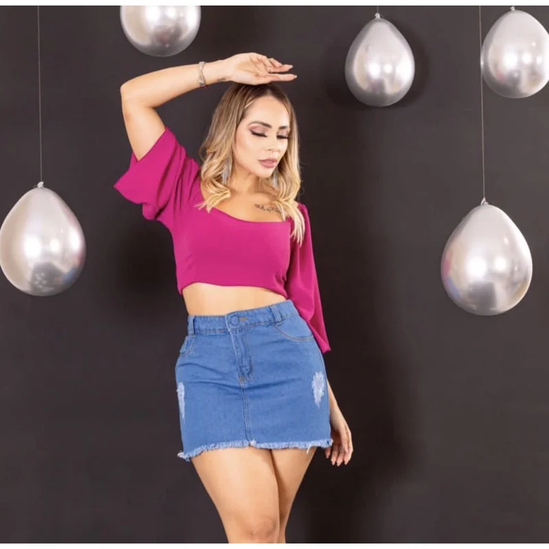 Destroyed Saia Jeans Feminina Cintura Alta Saia média