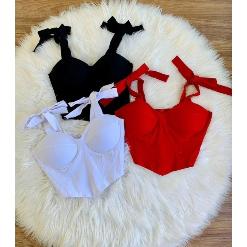 Corselet Cropped Feminino Bengaline Alcinha Amarrar Bojo Branco