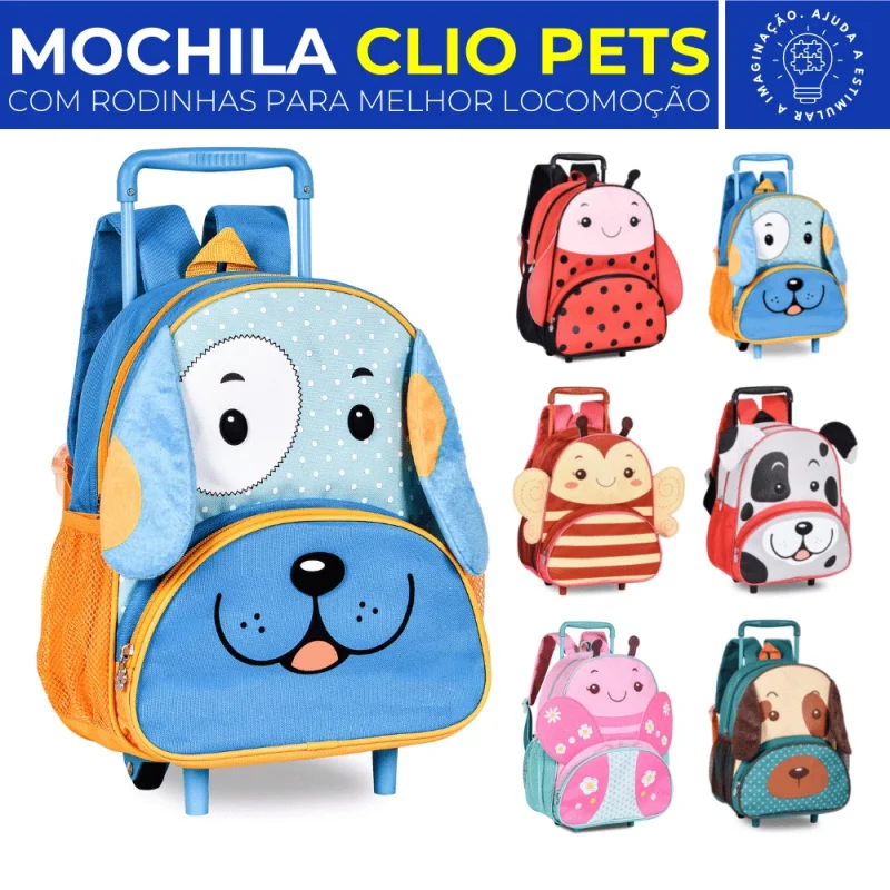 Clio Pets Zoo Animais Mochila Infantil Escolar c/ Rodinhas Cachorro Vermelho