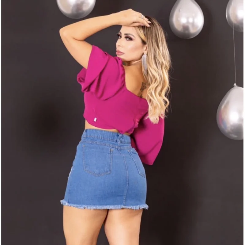 Destroyed Saia Jeans Feminina Cintura Alta Saia média