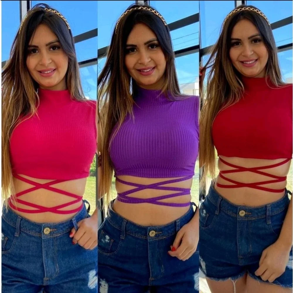 Promoção Blusinha Jade Malha Canelada Cropped Top Gola Alta Preto