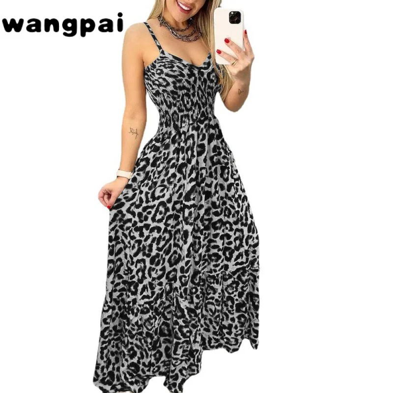 Feminino Vestido Longo Alças Estampa Leopardo Verde-estampa de leopardo