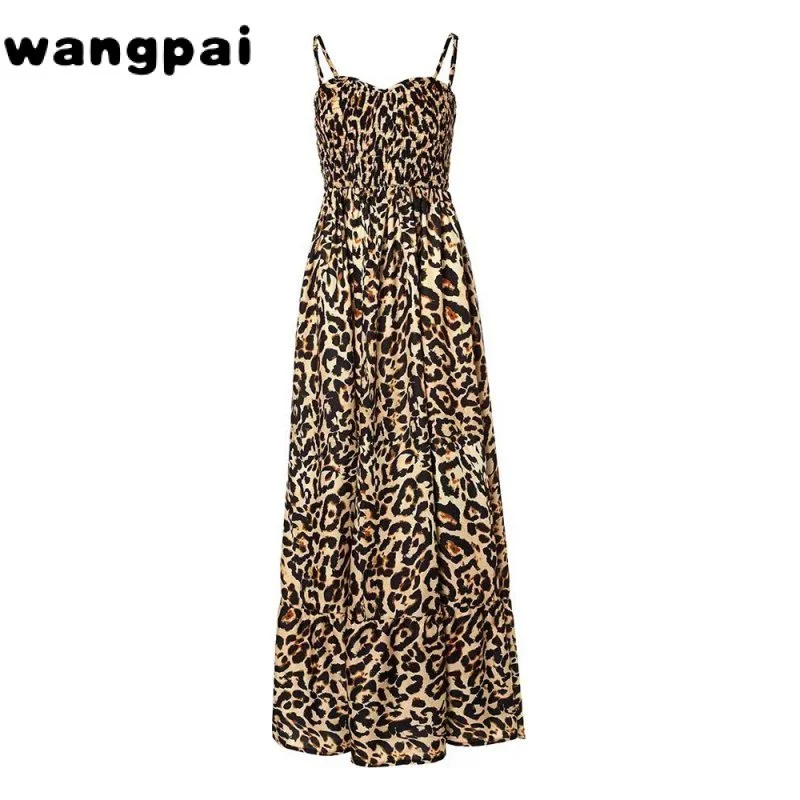 Feminino Vestido Longo Alças Estampa Leopardo Verde-estampa de leopardo
