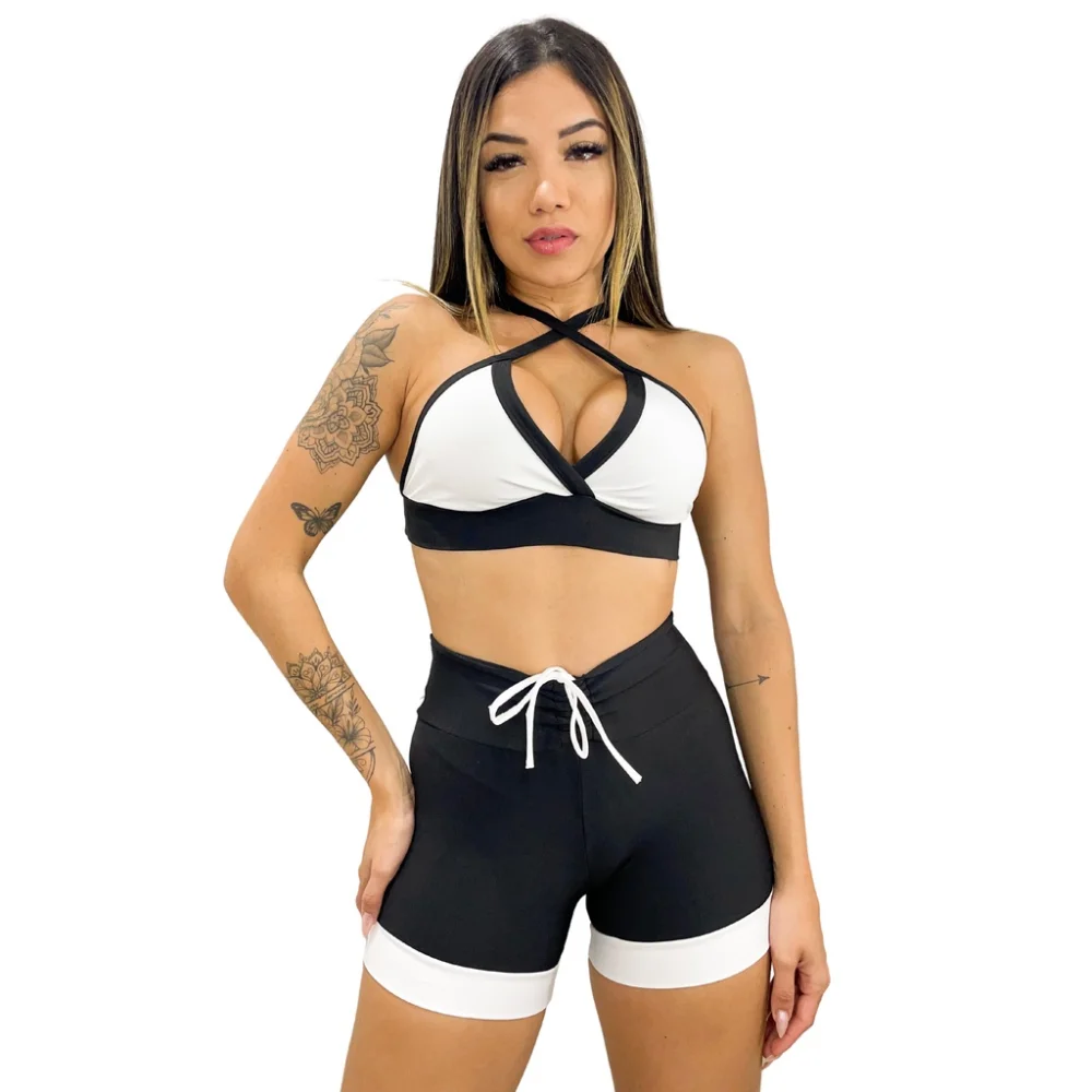 Top Branco com Short Cós Alto - Conjunto Fitness de Academia 128-CST-BRANCO