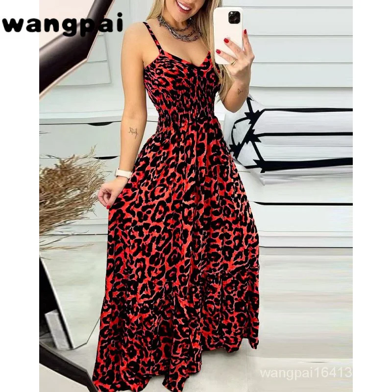 Feminino Vestido Longo Alças Estampa Leopardo Verde-estampa de leopardo