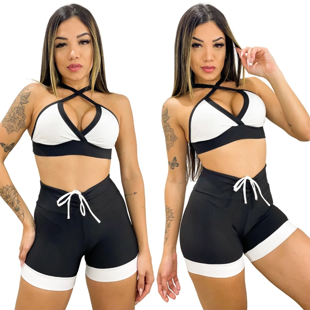 Top Branco com Short Cós Alto - Conjunto Fitness de Academia 128-CST-BRANCO