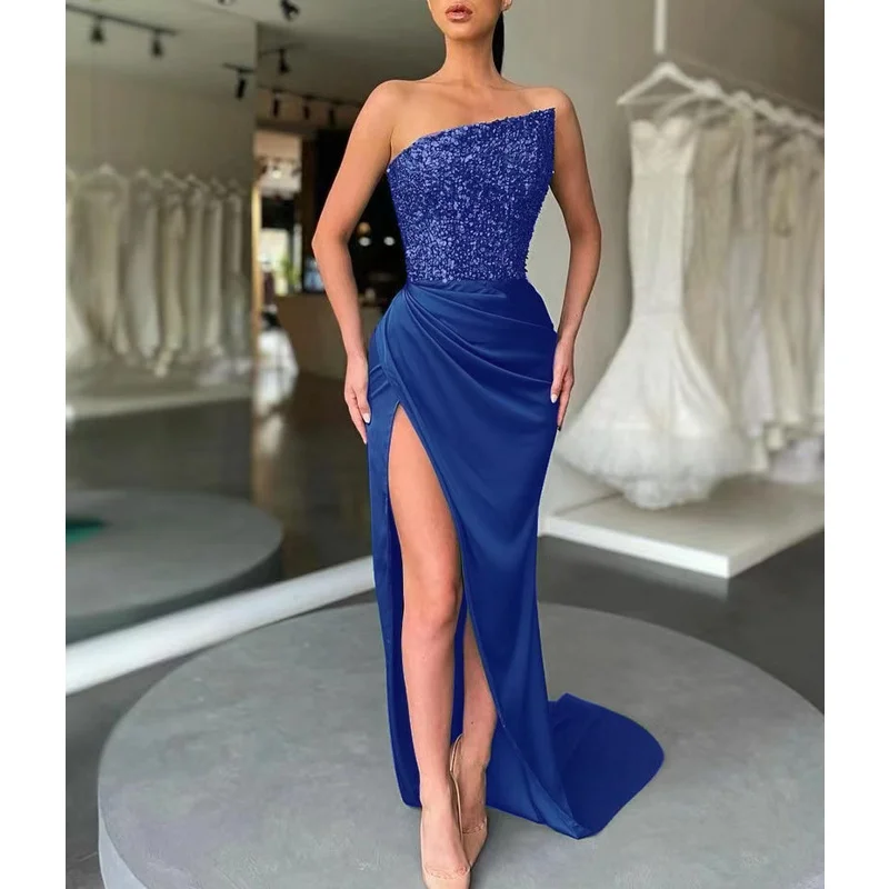 Vestido de festa longo feminino com fenda alta, lantejoulas e detalhes em patchwork Lótus Rosa