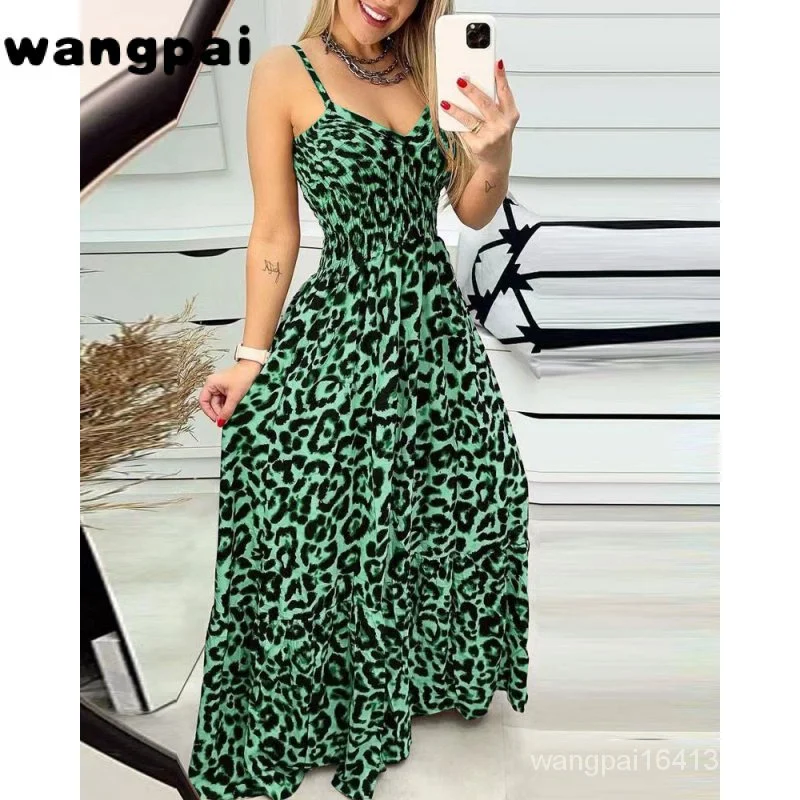 Feminino Vestido Longo Alças Estampa Leopardo Verde-estampa de leopardo
