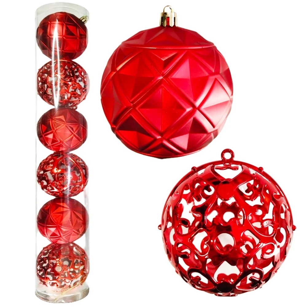 Grande Bola de Natal Vermelha 3D Arabesca Fosca Brilhante - Pack com 6 Unidades Único