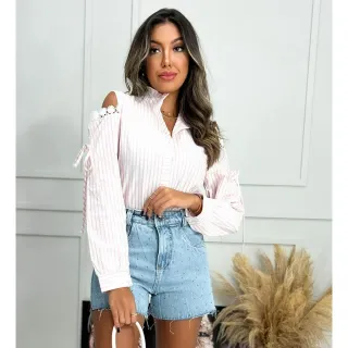 Camisa Feminina Social Listrada Manga Longa com Botão - Azul