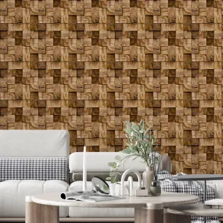 Tacos de Madeira Autocolante Lavável - Papel de Parede Cubos Marrom - Único