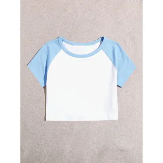 Moda Feminina Camiseta Raglan Cropeed Duas Cores - CINZA MESCLA / AZUL MARINHO