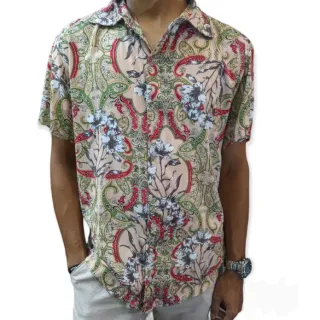Camisa Masculina Social Floral Estampada Slim Manga Viscose Preta Branca Listrada - F2