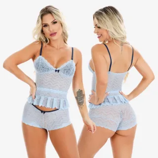 Atacado Baby Doll Feminino de Renda - Pijama Sexy Short Doll - Azul Marinho