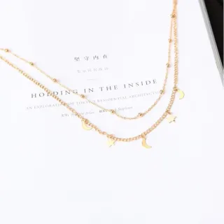 Short Necklace Women Double Moon Stars Simple - Silver