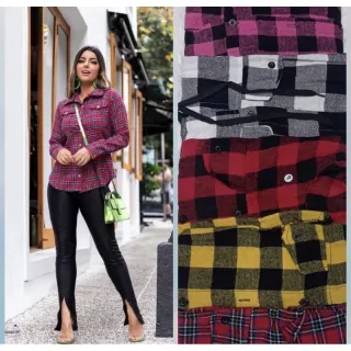 Blusa Flanelada Xadrez Feminina Manga Longa P M G GG - Vermelho COM PRETO