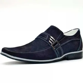 Sapato Nobuck Masculino Social Couro Sem Cadarço - Azul