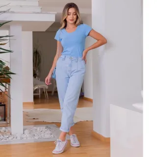 Camiseta Feminina Azul - Blusa Baby look de Manguinha - GG
