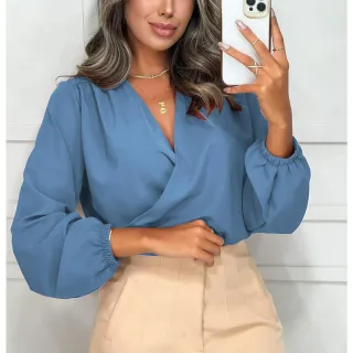 Blusa Solta Manga Longa Cropped Feminina Decote Bufante - Azul-Royal