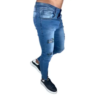 Promoção Calça Jeans Masculina Slim Rasgada Preta e Azul - Envio Imediato - JEANS ZIPER BARRA AZUL MÉDIO