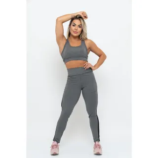 Moda Fitness Conjunto Feminino Barato: Cropped Top e Legging com Tule - Preto