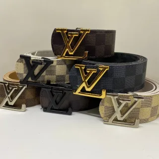 Couro Xadrez Dupla Face Cinto Masculino - Ouro Escovado - Marrom