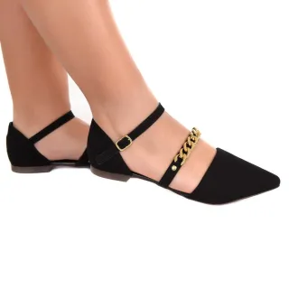 Promoção: Sapatilha Feminina Confortável Preta com Detalhe em Corrente - Moda Casual - Corrente nude