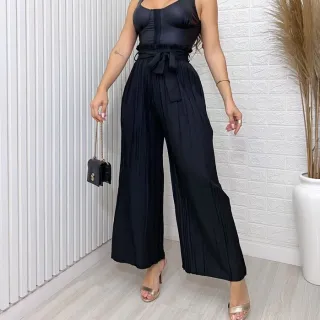 Moda Feminina: Calça Pantalona Lisa Plissada com Cinto Amarrada - Verde