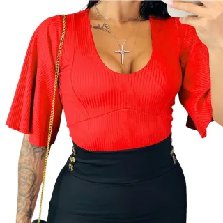 Moda Evangelica Blusa Feminina Premium Canelado Manga Flare - Listrado