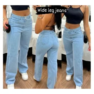 Calça Wide Leg Jeans Feminina Pantalona com Rasgo no Joelho