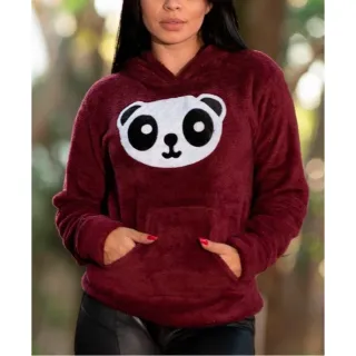 Blusa Feminina de Moletom com Capuz Pelúcia Panda - Blusa de Frio - Marrom