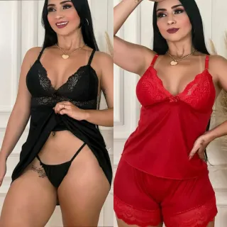 Camisola Feminina Sensual Kit 2 com Calcinha Fio/Short Doll - Raryel - 03