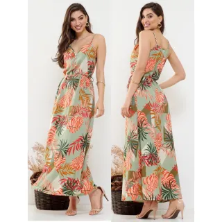 Moda verão: Vestido longo estampado com alça ajuste e cinto - Rosa