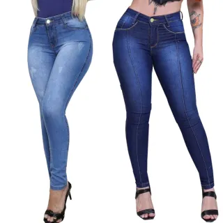 Calças Jeans Feminino Cós Alto Kit 2 - Modelagem Skinny, Levanta Bumbum - Preta e Azul Aço