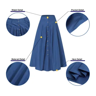 Saia Retrô Longa Feminina com Bolsos Laterais Frontais - Azul