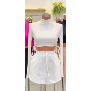 Canelado Manga Longa Amarração Top Cropped na Cintura - Verde Bandeira