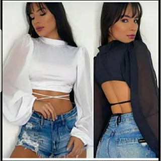Moda Verão Blusa Feminina Manga Longa Com Bojo Suflex e Tule