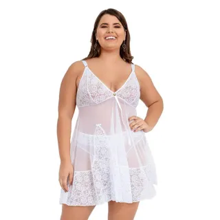 Camisola Plus Size Aurora Em Renda E Tule Sem Bojo - IMI Lingerie - Preto