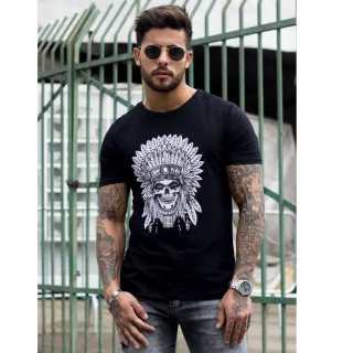 Estampa de Índio Americano - Camiseta Masculina 100% Algodão Premium - Preto