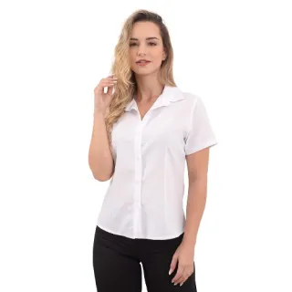 Camisa social feminina manga curta preta e branca, gabardine passa fácil - COR PRETA  TAMANHO P