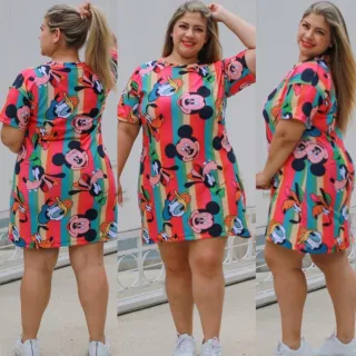 Camisão Plus Size Estampado em Malha Feminino - Vestido de Malha - TURMA DO MICKEY ROSE