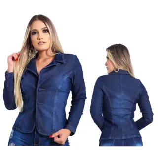 Moda Inverno 2022: Blazer Jeans Feminino Social Lycra Lançamento - Azul-Escuro