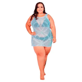 Plus Size Tricot Aberta Praia Detalhe Lateral - Azul