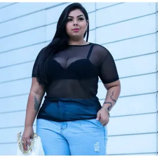 Manga Curta Blusa Plus Size Feminina Tule Transparente - Branca